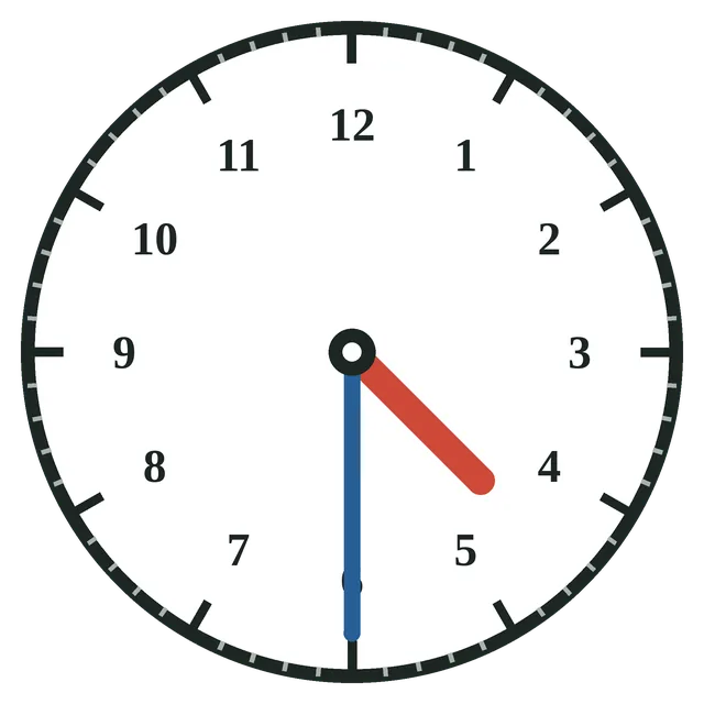 Analog clock at 4:30. The hour hand is between 4 and 5 and the minute hand points at 6, so the time is 4:30.