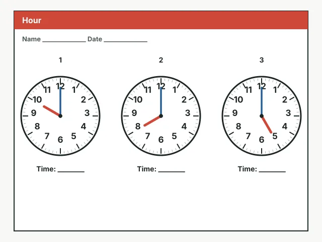 Preview of the o'clock worksheet, with analog clocks whose minute hands point at 12 and lines for writing the time.